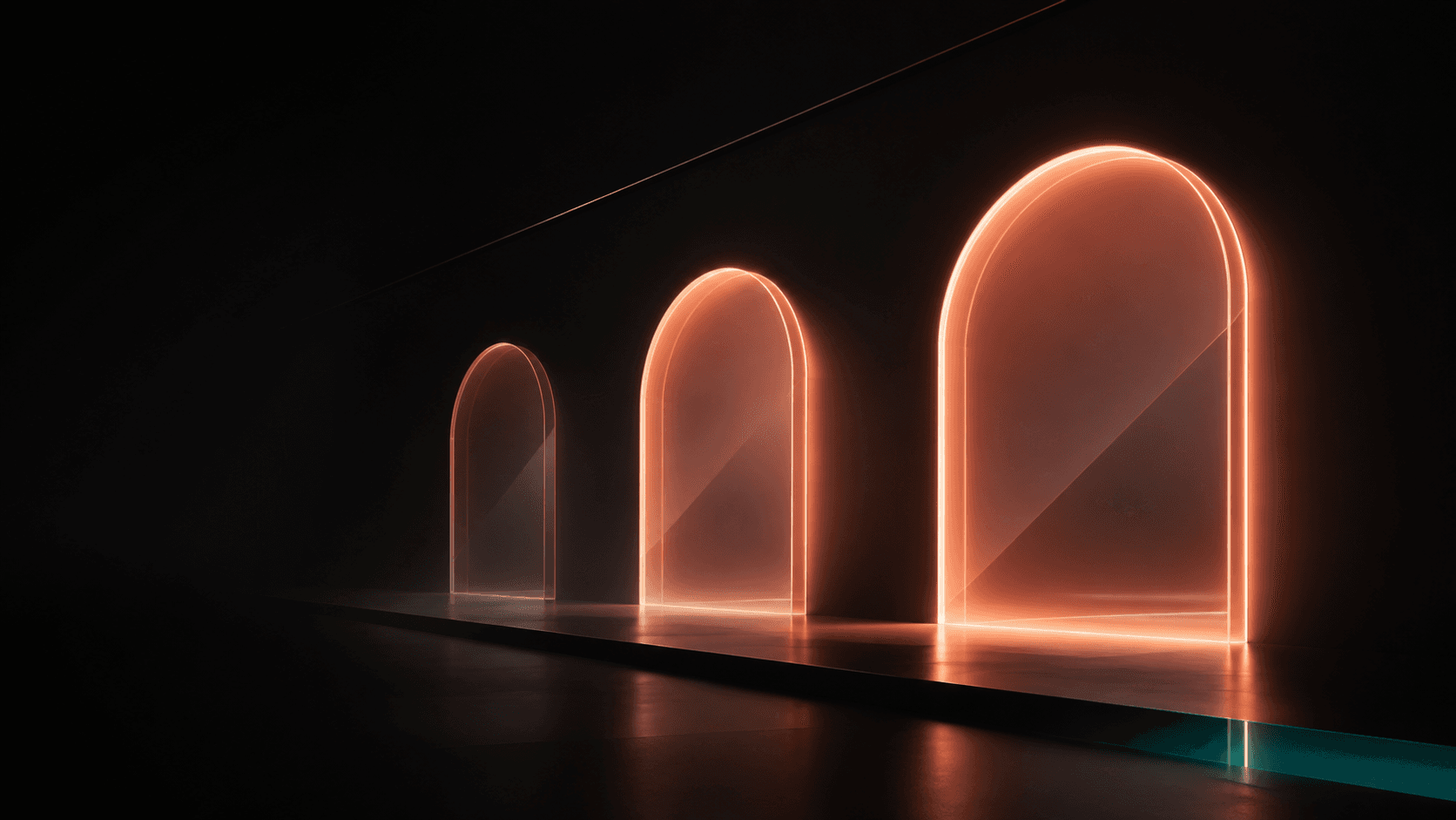 Three coral glass apertures growing larger in a dark corridor, symbolizing a 30-60-90 day plan for a new role.