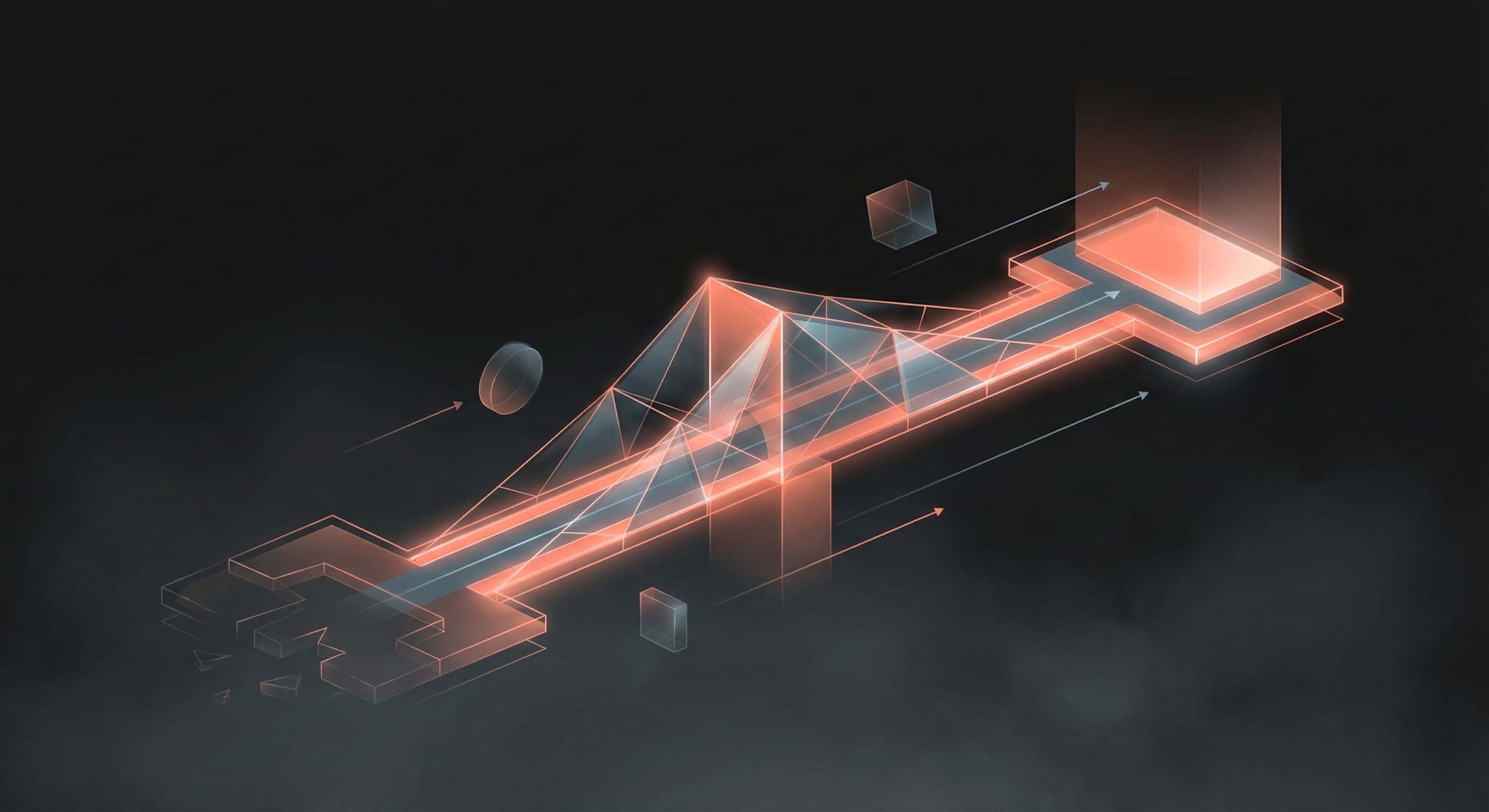 A translucent coral glass trajectory path tightening into a single guided checkpoint with subtle teal support lines in dark fog, symbolizing daily AI accountability turning intention into follow-through.