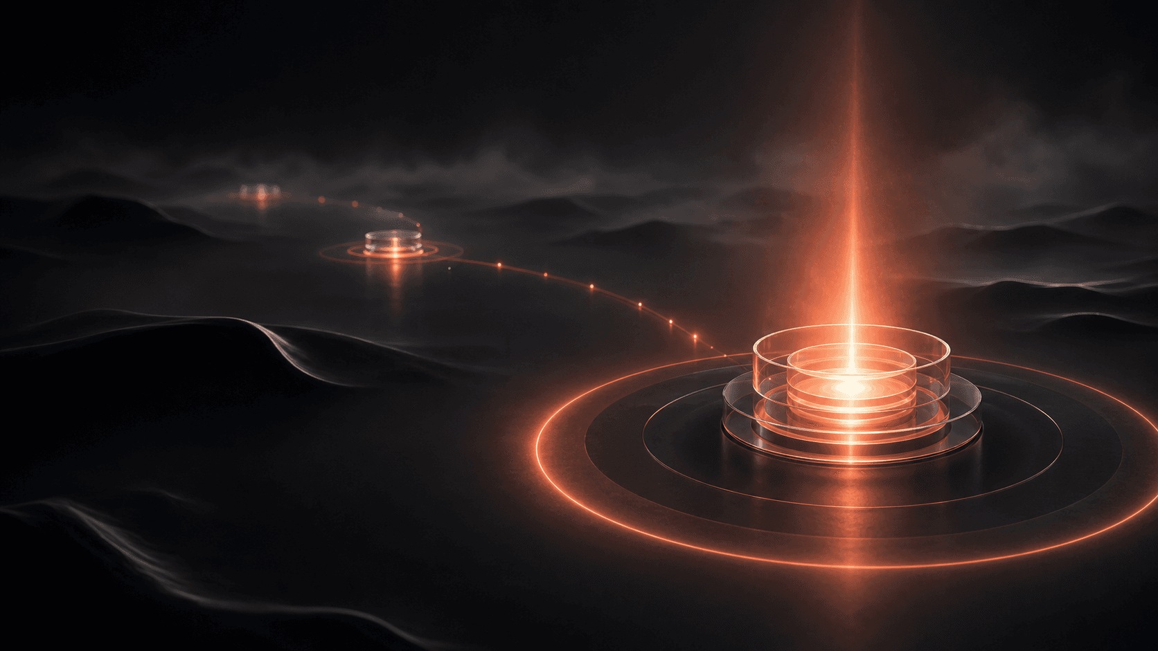 Coral glass checkpoints and trajectory paths converging into one bright route through dark fog, symbolizing an AI accountability coach keeping daily execution on track.