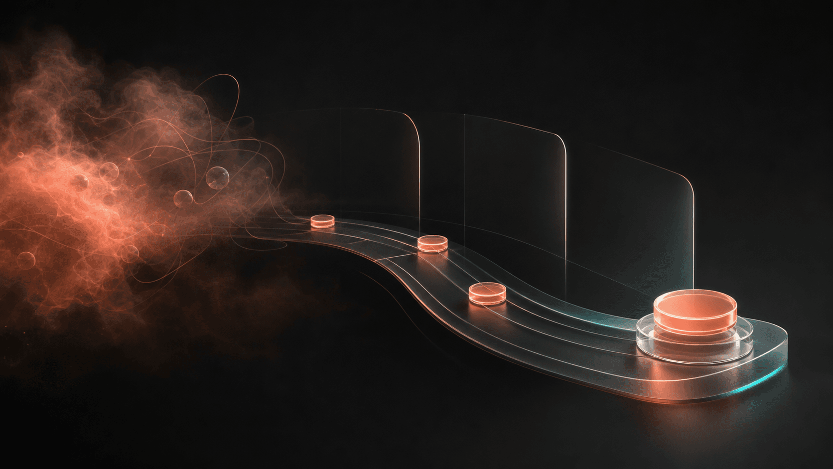 Coral glass trajectory paths emerging from dark fog into one structured action lane with milestone nodes, symbolizing an AI action plan generator.