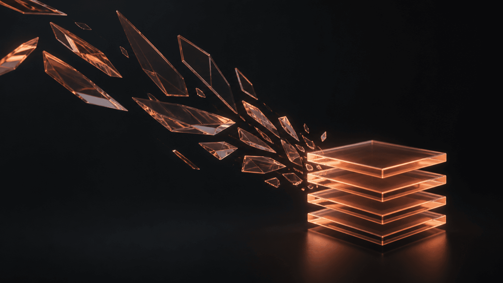 Coral glass shards resolving into a clean stack on a dark surface, symbolizing an AI goal breakdown app turning chaos into clear steps.