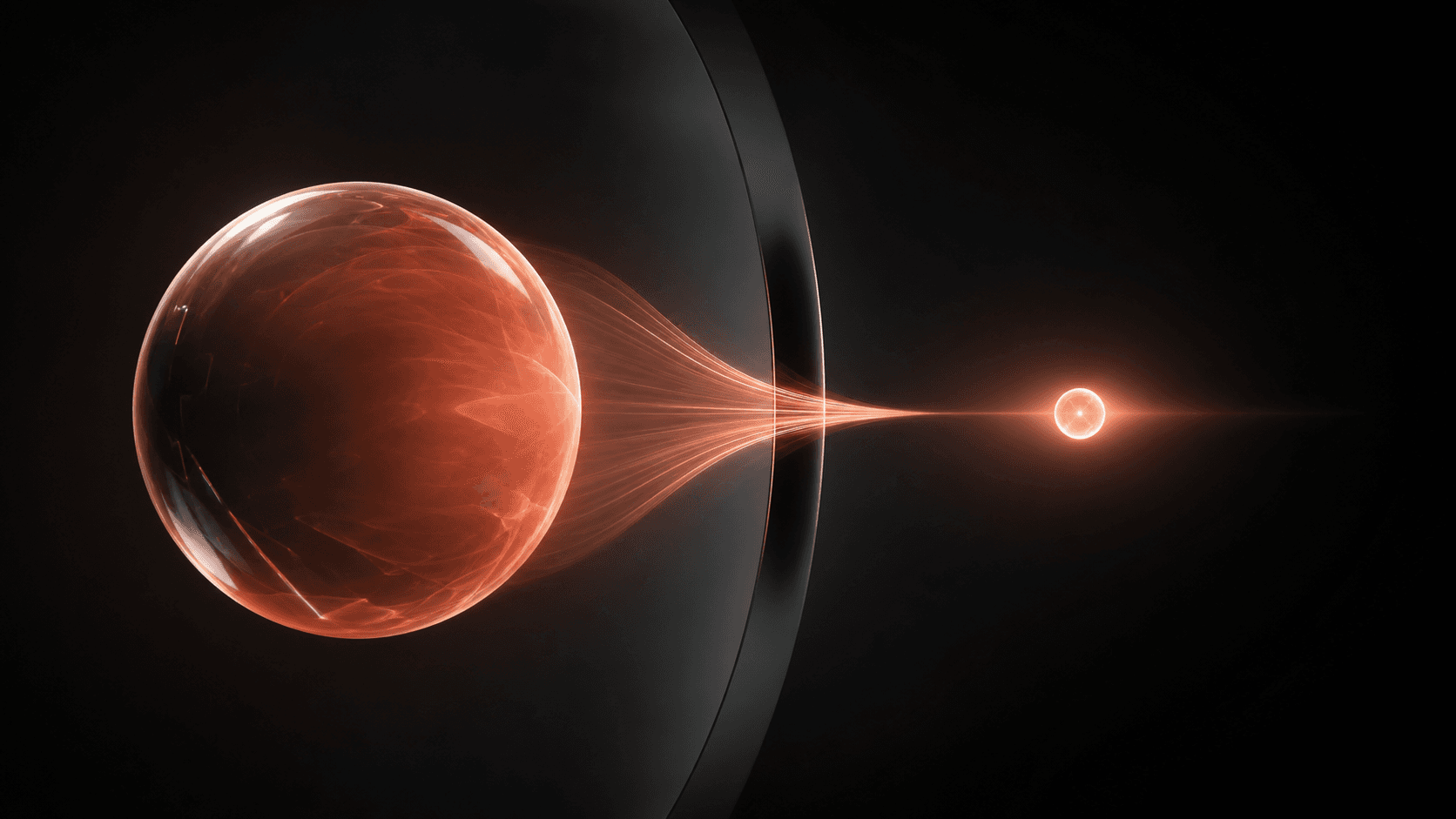 A coral glass sphere compressed through a dark aperture into one precise glowing orb, symbolizing an AI goal setting app.