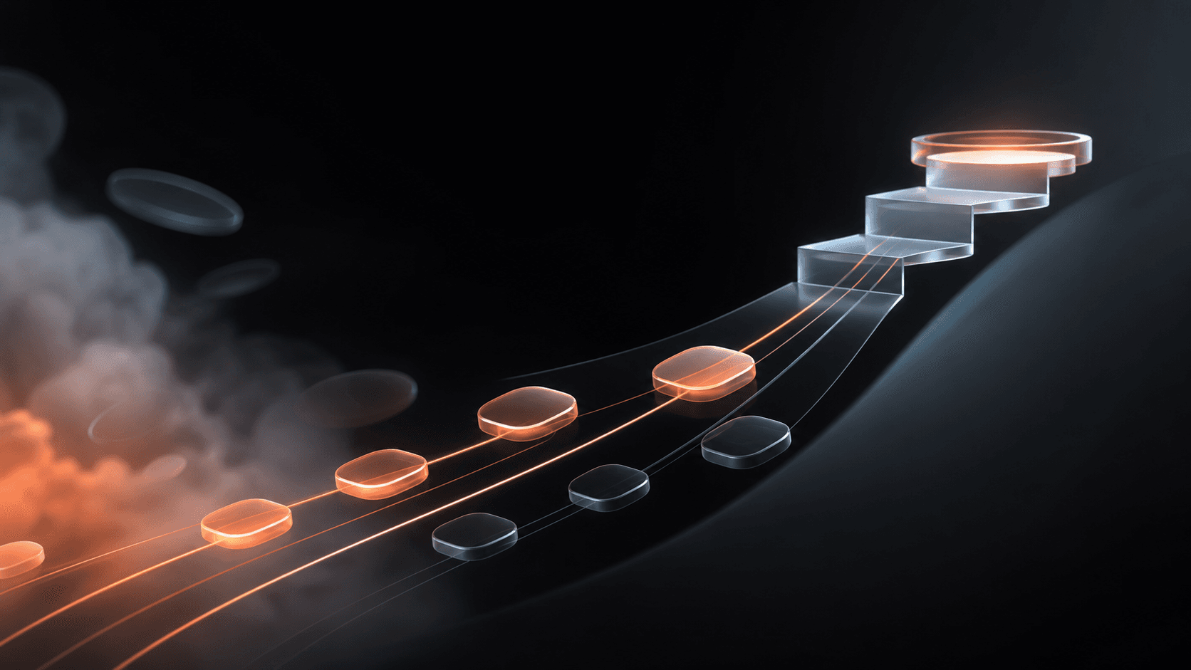 Translucent coral glass habit nodes connected by ascending trajectory curves across a dark onyx surface, with subtle teal guidance lines and clearing fog, symbolizing an AI habit tracker turning repeated actions into real goal progress.