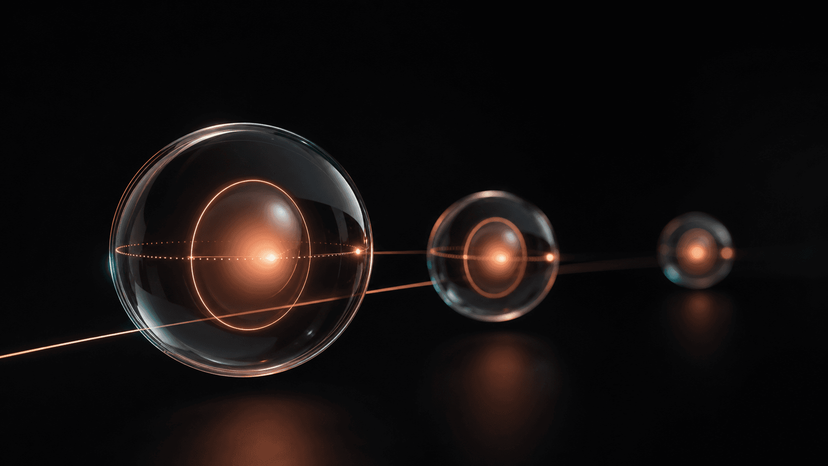Three suspended coral-lit glass orbs aligned across a dark surface, symbolizing an AI milestone tracker keeping progress visible.