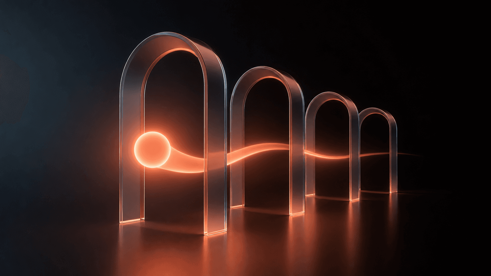 A glowing coral sphere moving through four translucent glass arches on a dark surface, symbolizing an AI monthly planner guiding one goal through four weeks.