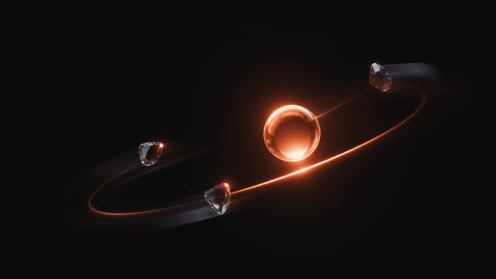 A luminous coral orbital core pulling scattered glass fragments into one clean priority path against a dark black background.