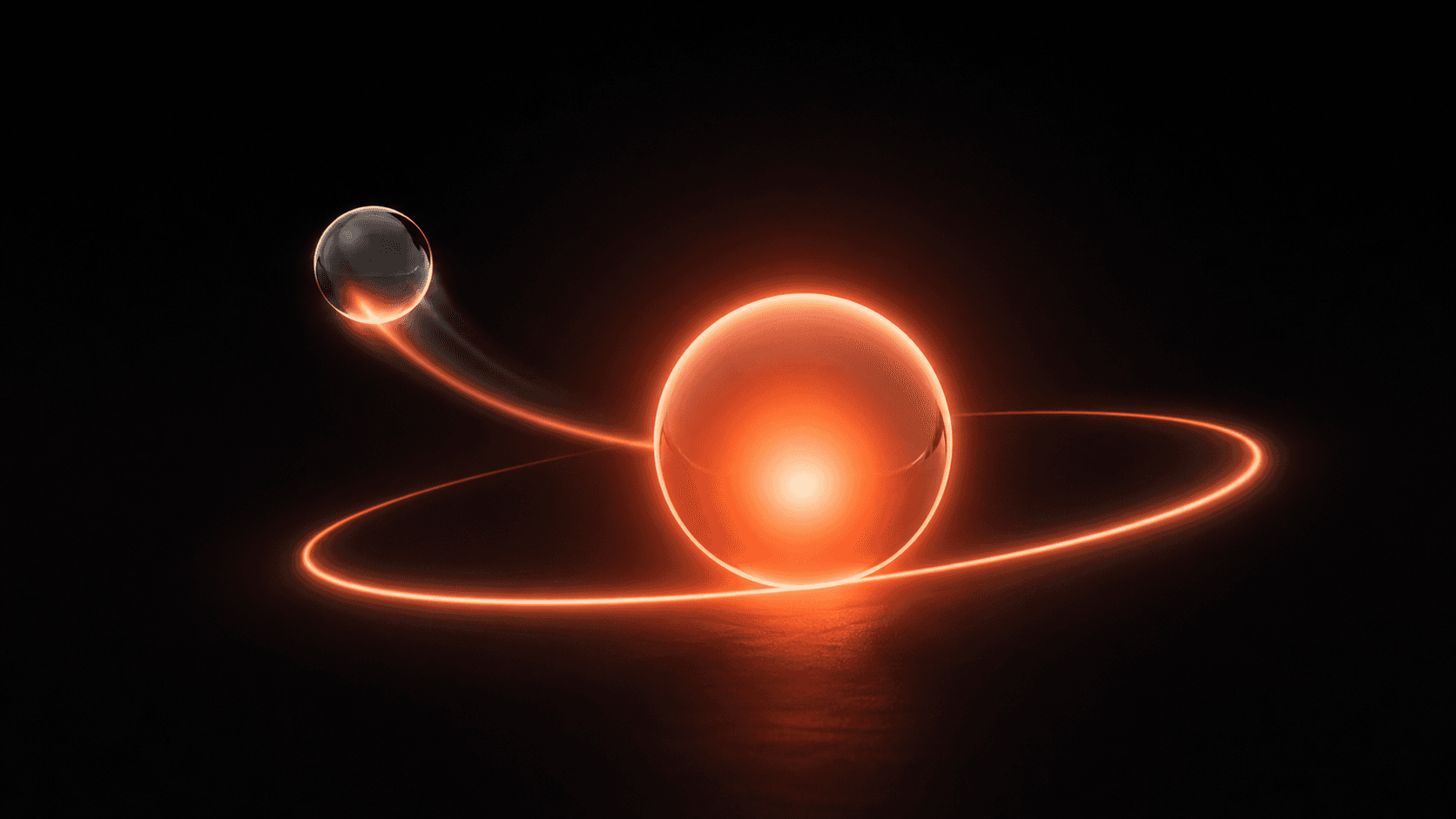 A glowing coral orb guiding a smaller glass sphere into stable orbit on black, symbolizing an AI productivity coach.