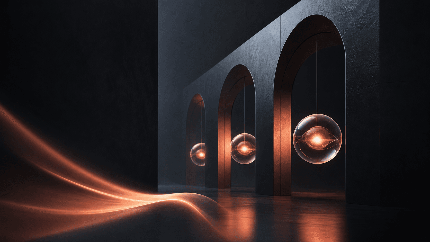 Three suspended coral glass milestone spheres hanging inside dark architectural arches with a glowing execution trail, symbolizing project scope resolving into ordered milestones.