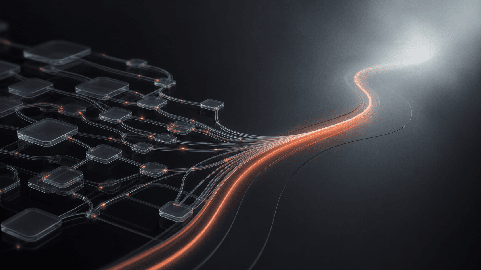 Coral glass project nodes and dependency paths converging into one bright execution lane through dark fog.