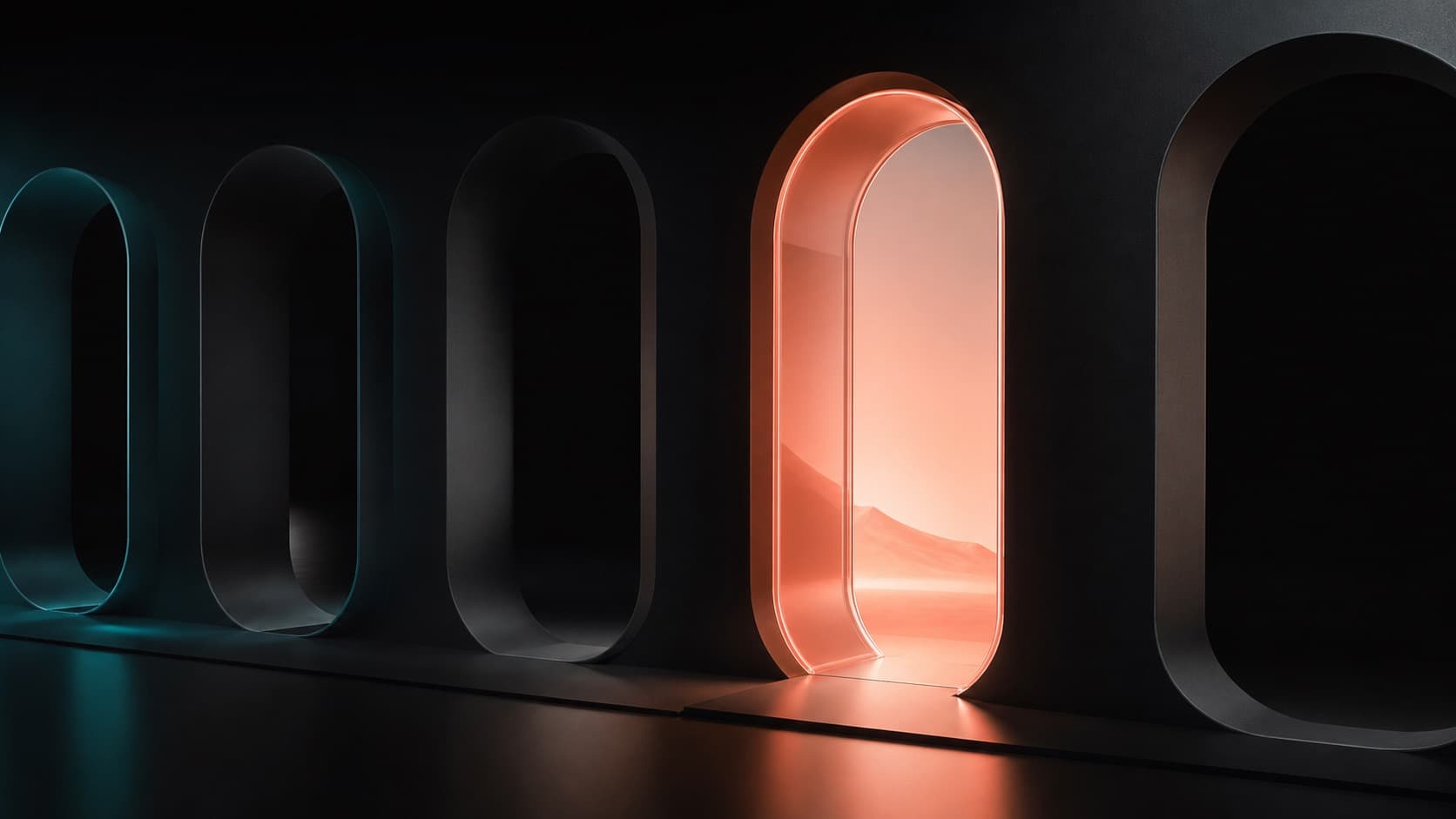 Coral glass aperture opening through dark architectural forms, creating one realistic time window for focused work.