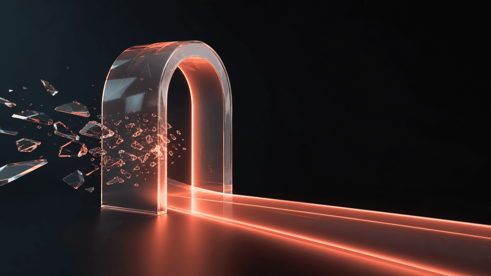 A glowing coral work corridor passing through a glass aperture as scattered shards compress into one executable plan.