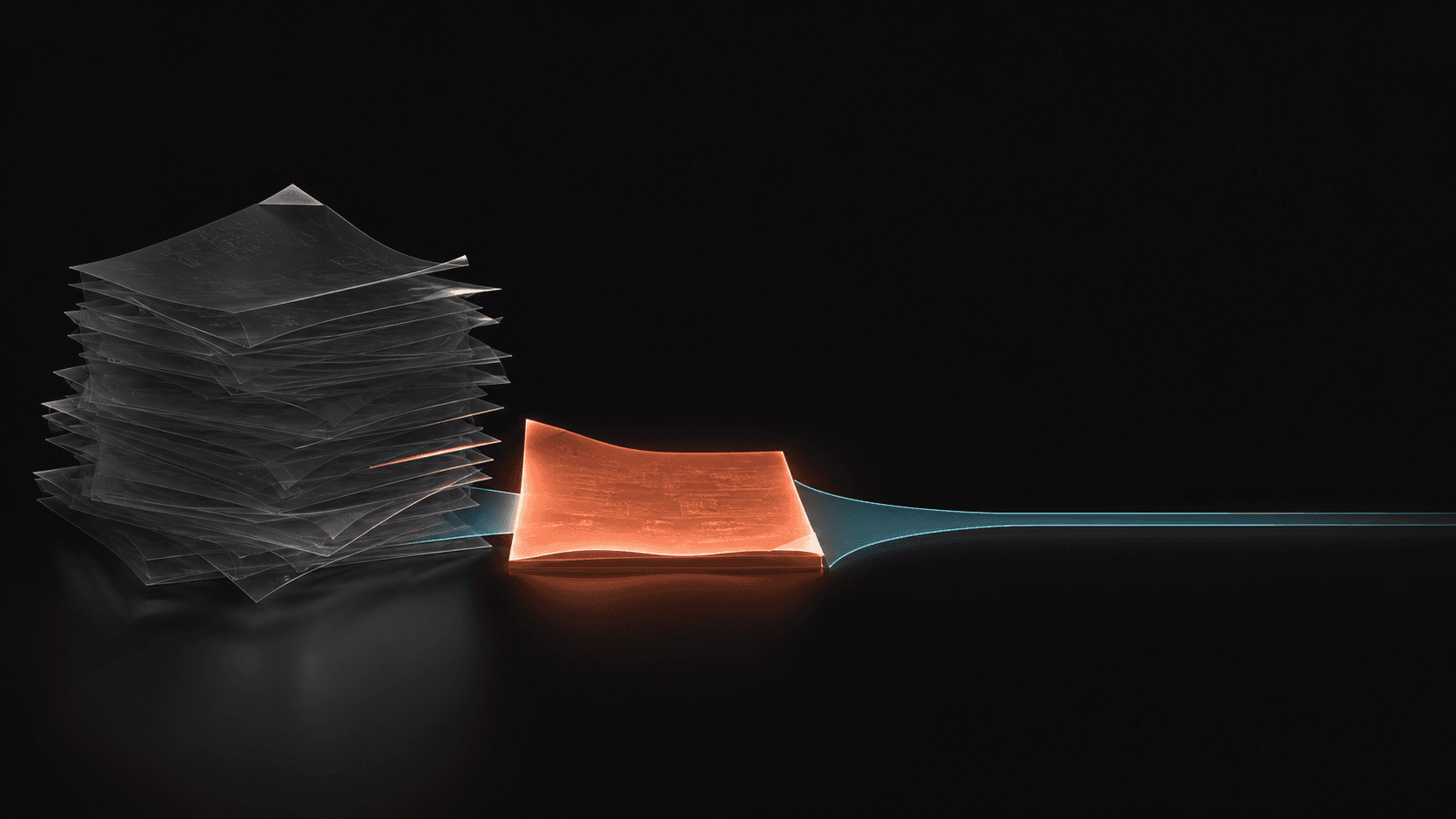 A collapsing stack of study pages narrowing into one coral-lit page and clear channel, symbolizing catching up without cramming.