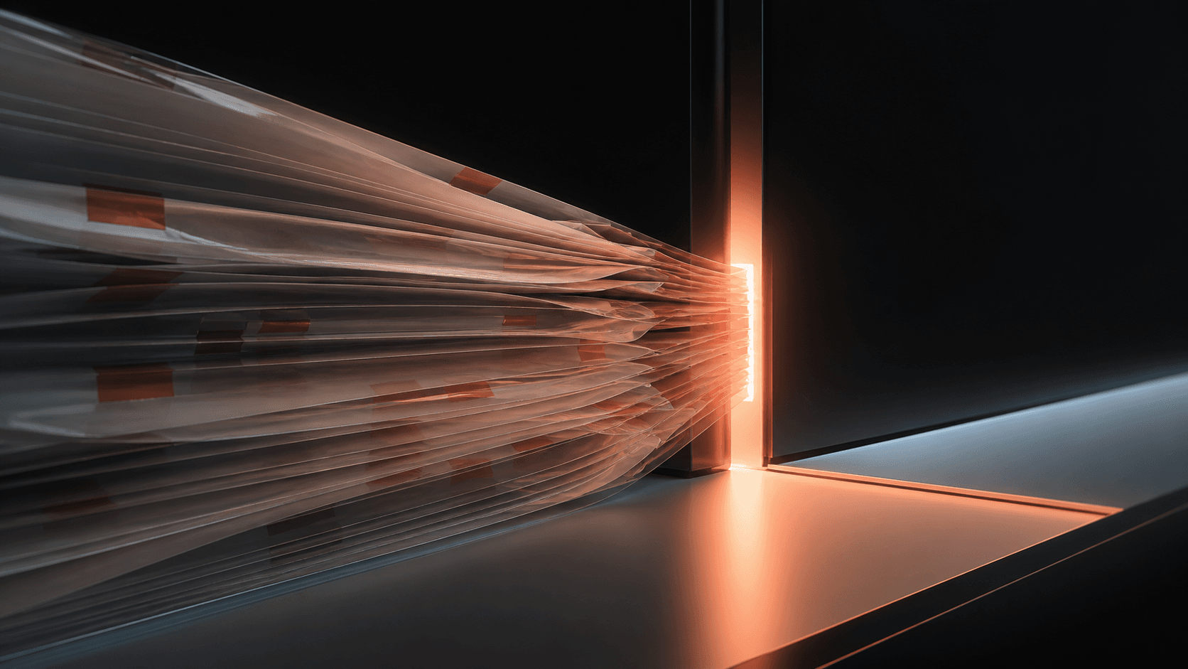 A compressed stack of translucent overdue pages forced through one coral-lit opening, symbolizing catching up without overload.