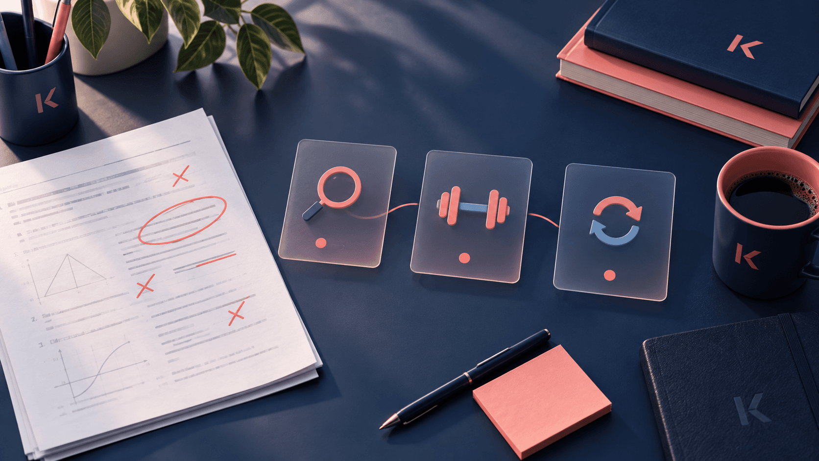 A marked exam paper beside three connected study cards on a dark desk, representing diagnosis, practice, and review for a retake.