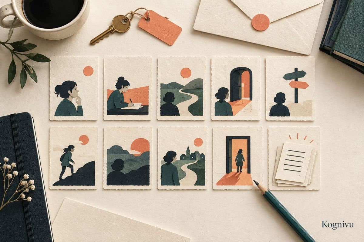 A key and envelope beside ten small scene cards leading to a finished manuscript on an ivory desk, with a teal pencil and coral accents.