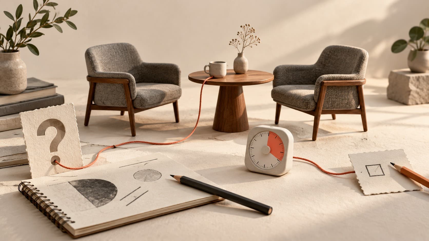 Two empty chairs face a small table while a coral thread connects a question card, an analogue timer, and a notebook for the next experiment.