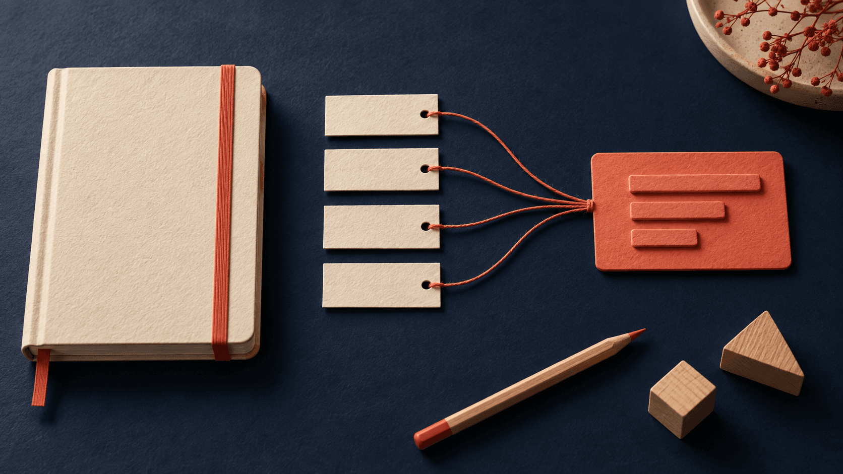 A closed study notebook beside paper input rows connected by coral thread to a single summary card on a navy desk.