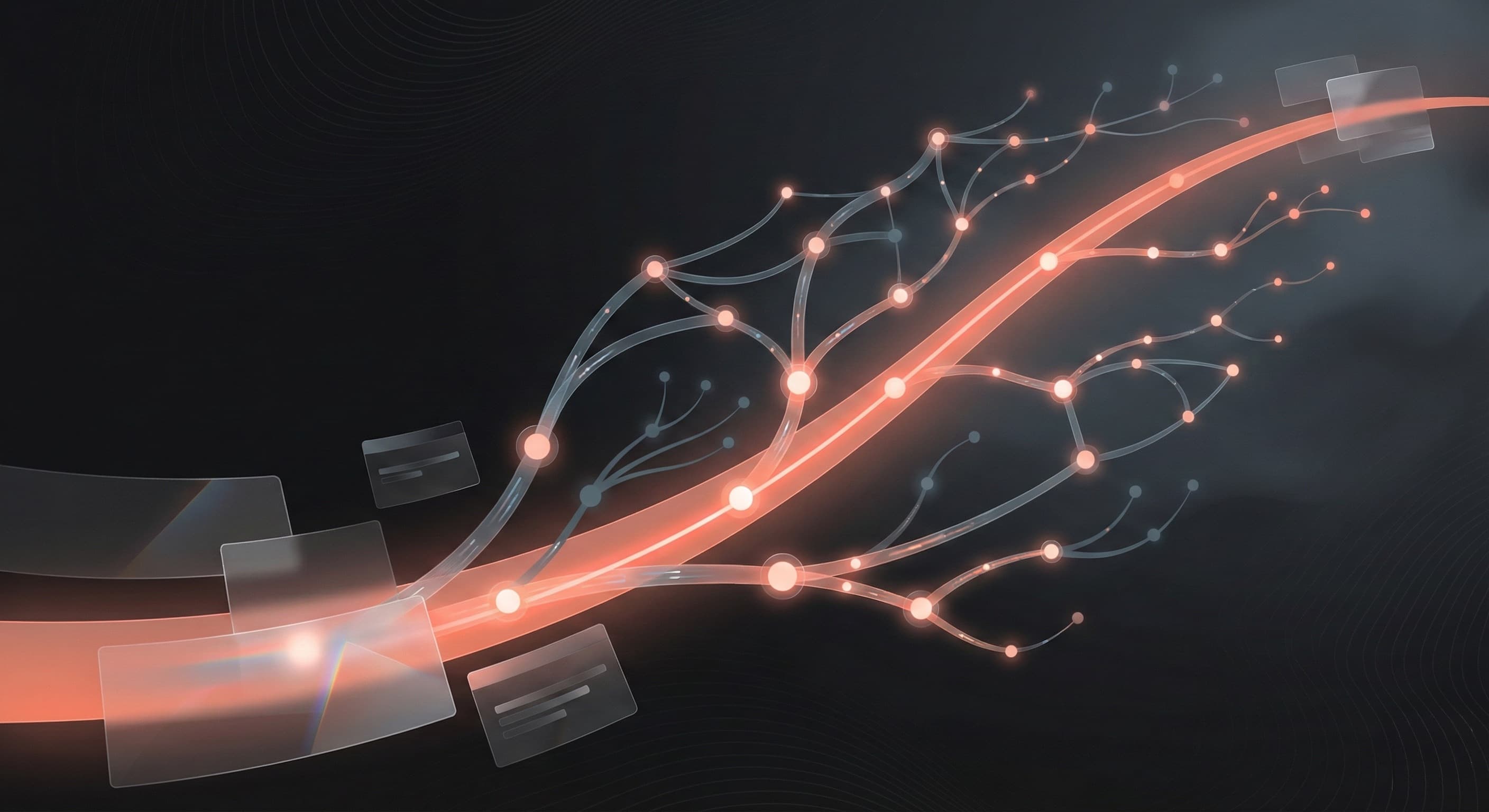 A sleek, abstract visualization of neural growth. Glowing coral-colored lines branch out across a dark background like a tree or river delta, connecting various illuminated nodes. Floating, semi-transparent glass panels hover around the network, suggesting data or learning modules. The image represents the expansion and strengthening of neural pathways through neuroplasticity and skill acquisition.