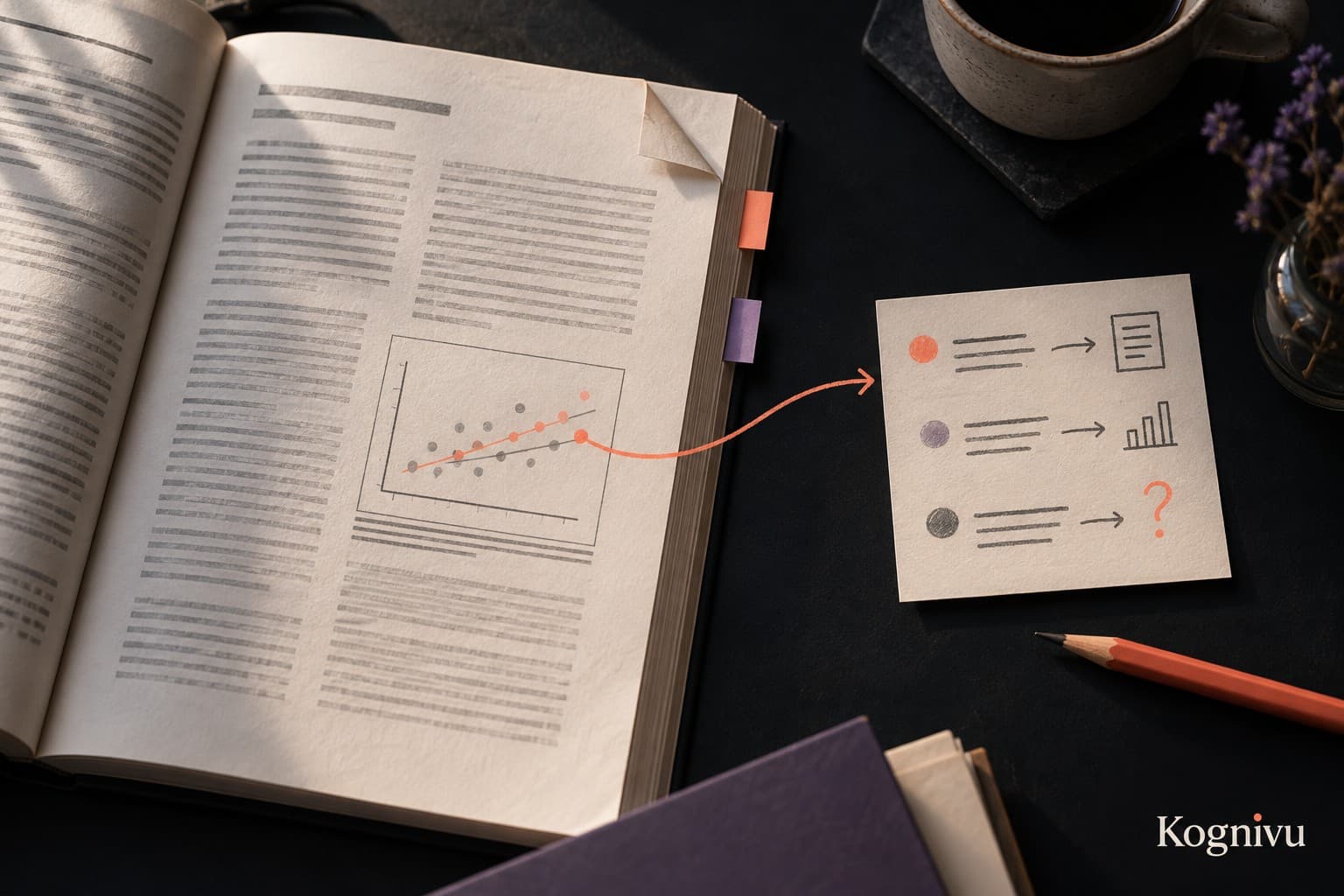 A coral line connects a chart on an open research paper to a separate reading-note card with an unresolved question.