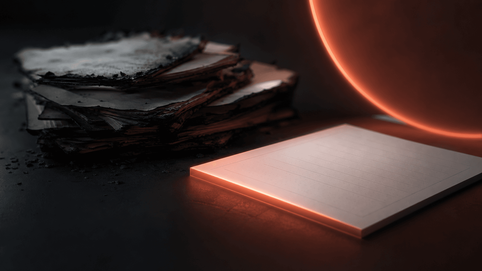 A charred stack of planning pages beside one intact coral-lit page on a dark desk, symbolizing restarting after burnout with one realistic next step.