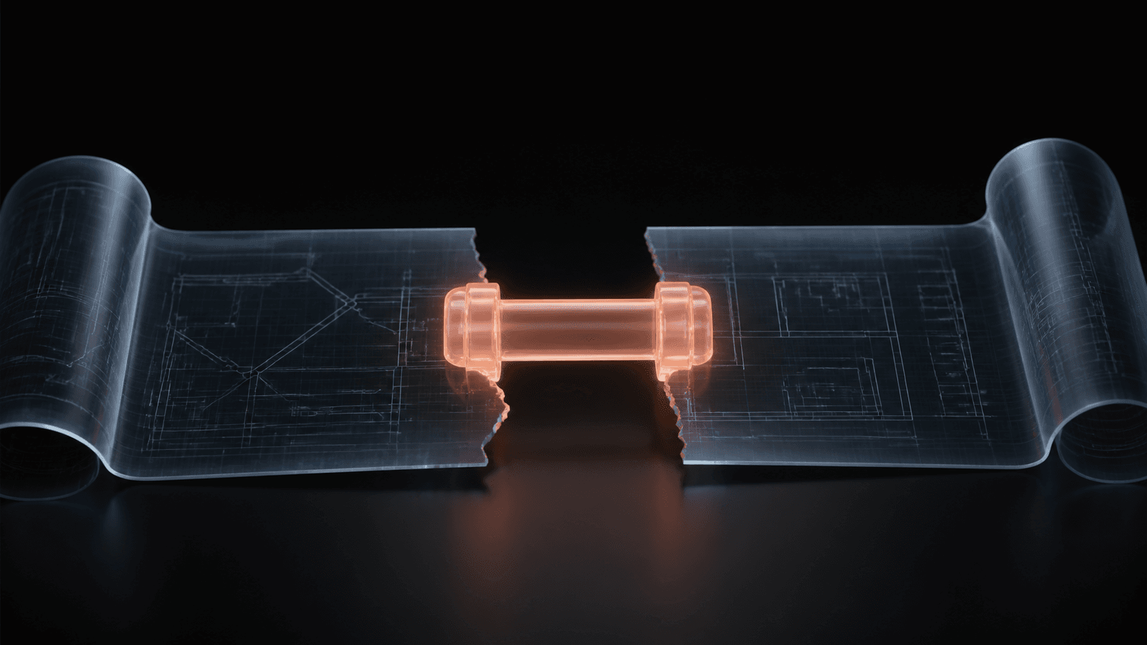 A torn translucent project blueprint reconnected by one coral glass brace, showing a clean restart after a long project break.