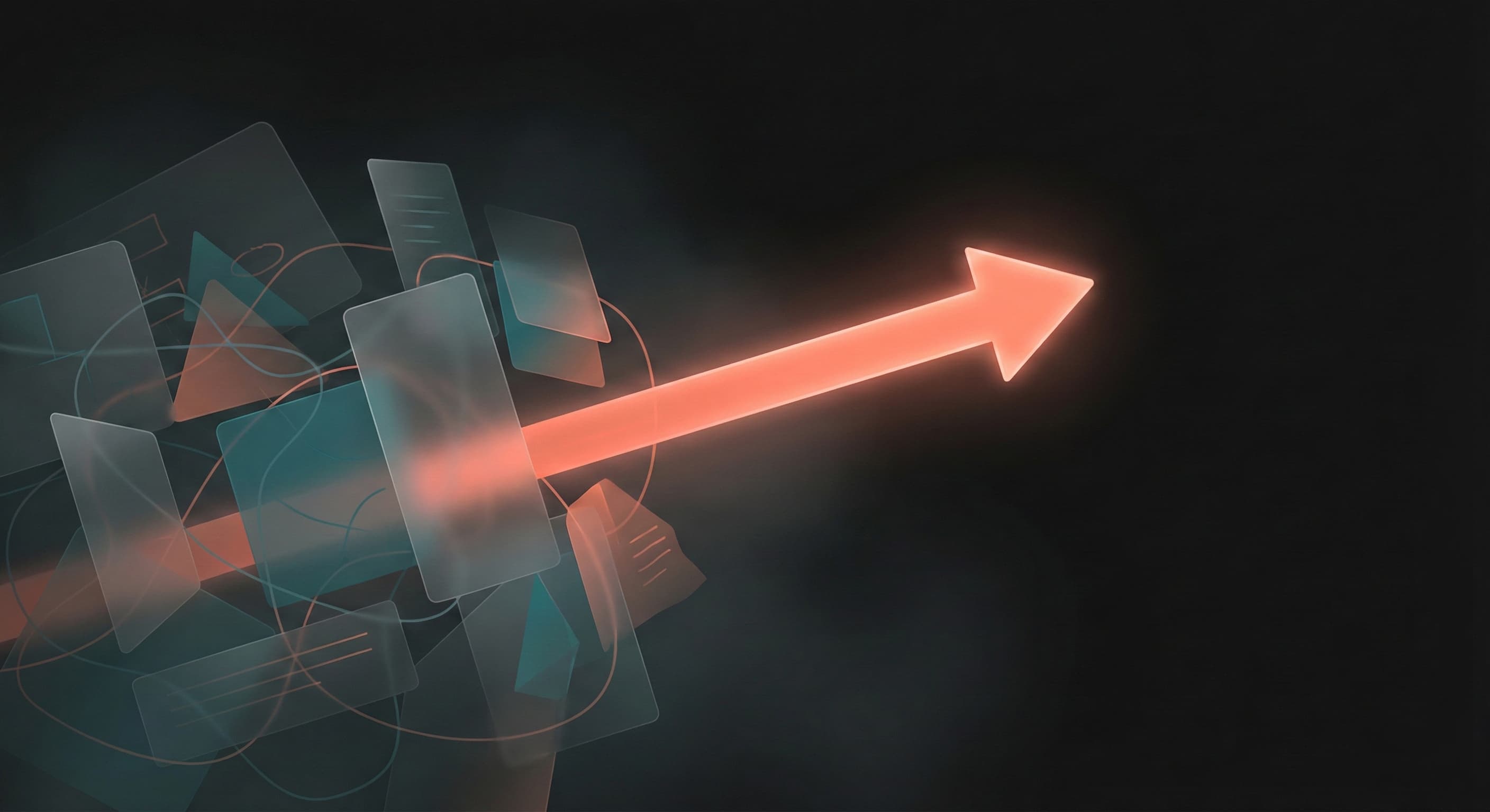 A chaotic wall of sticky notes and diagrams being replaced by a single, glowing neon arrow pointing forward.