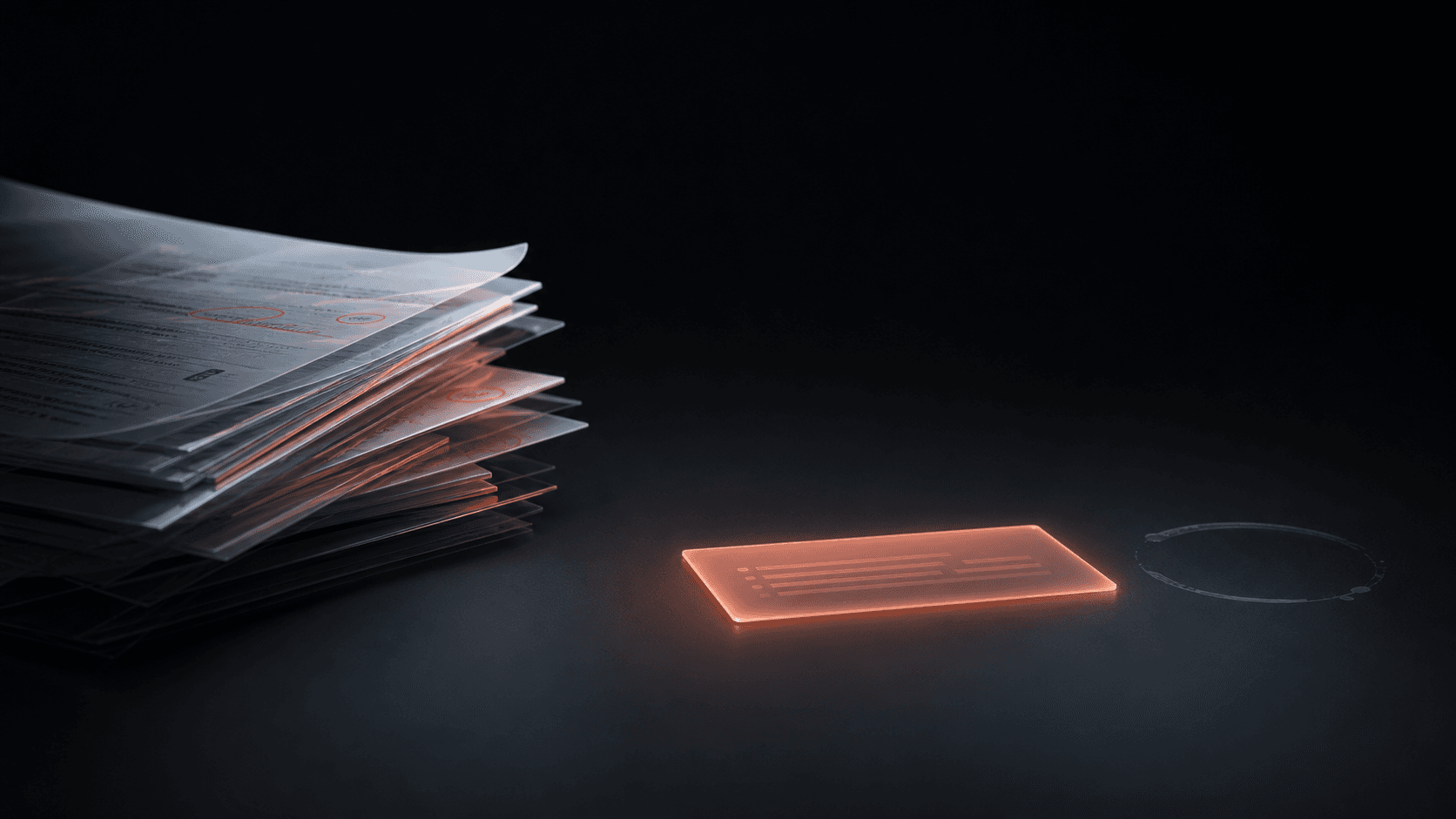 A stack of marked study pages narrowing into one coral-lit study card on a dark desk, symbolizing one manageable next step after a draining workday.