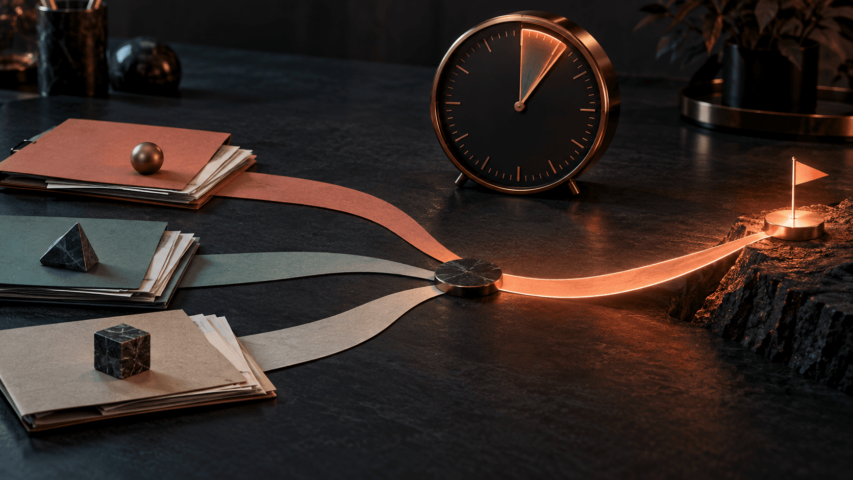 Three paper paths from separate project folders meet beside a clock; one coral-lit path continues to a finish marker.