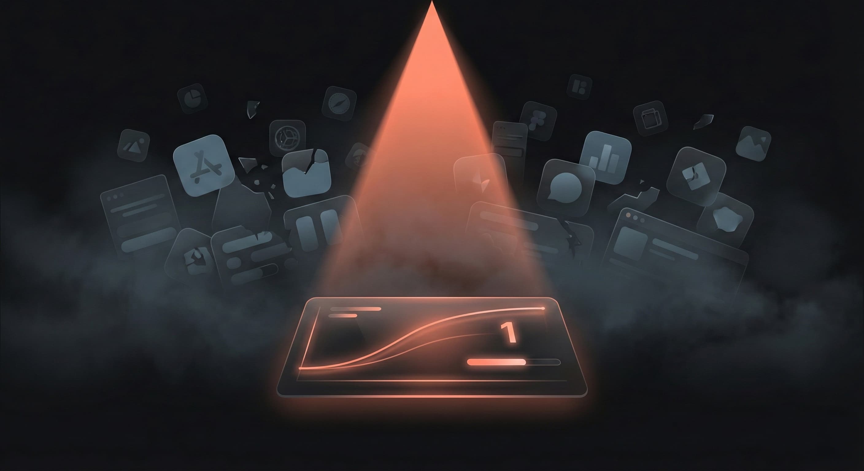 A graveyard of generic goal-tracking app icons, with a single, sharp spotlight highlighting a clean execution dashboard.