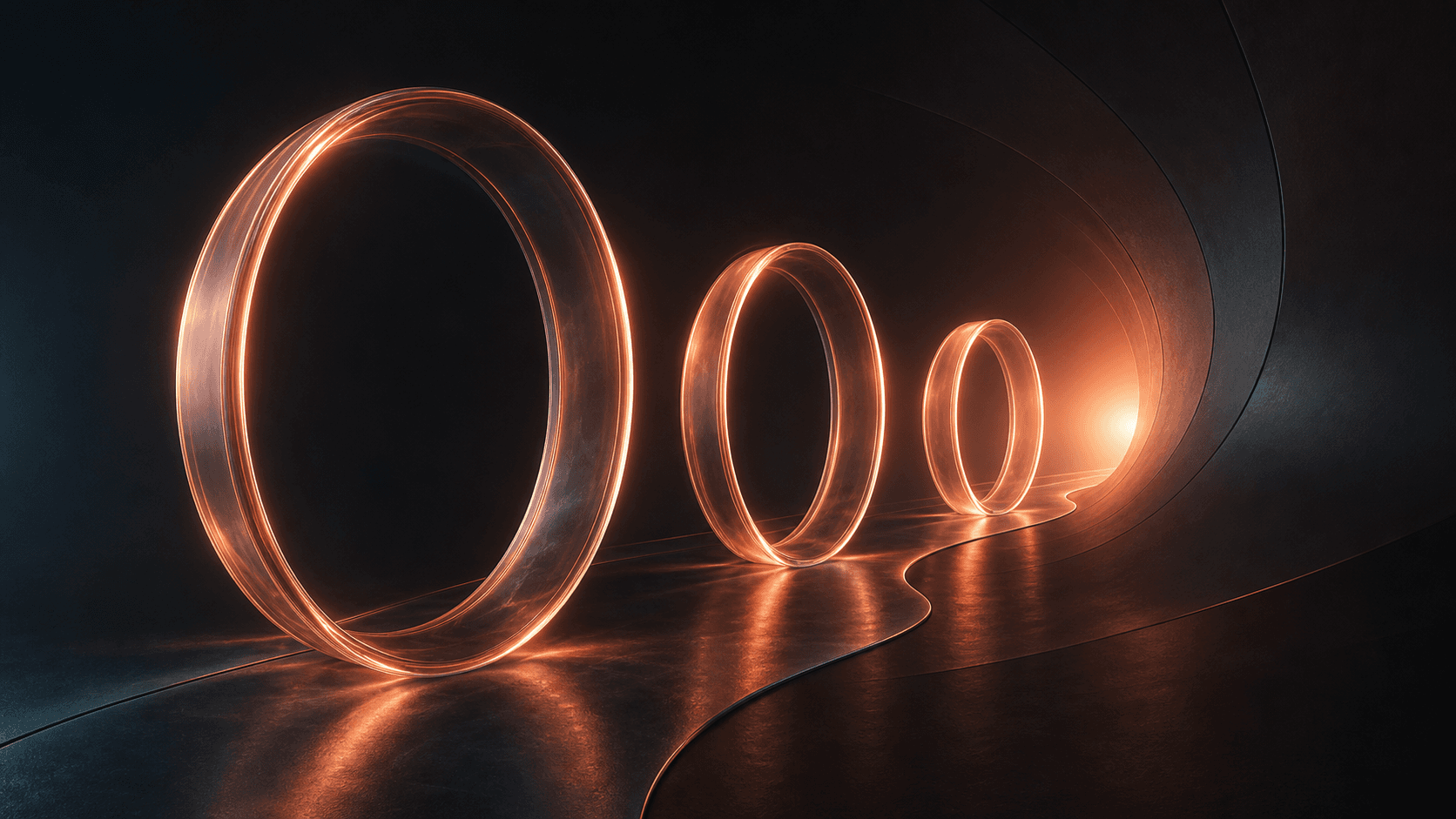 Three coral glass threshold rings in a dark tunnel, symbolizing an AI 90-day plan becoming three executable phases.