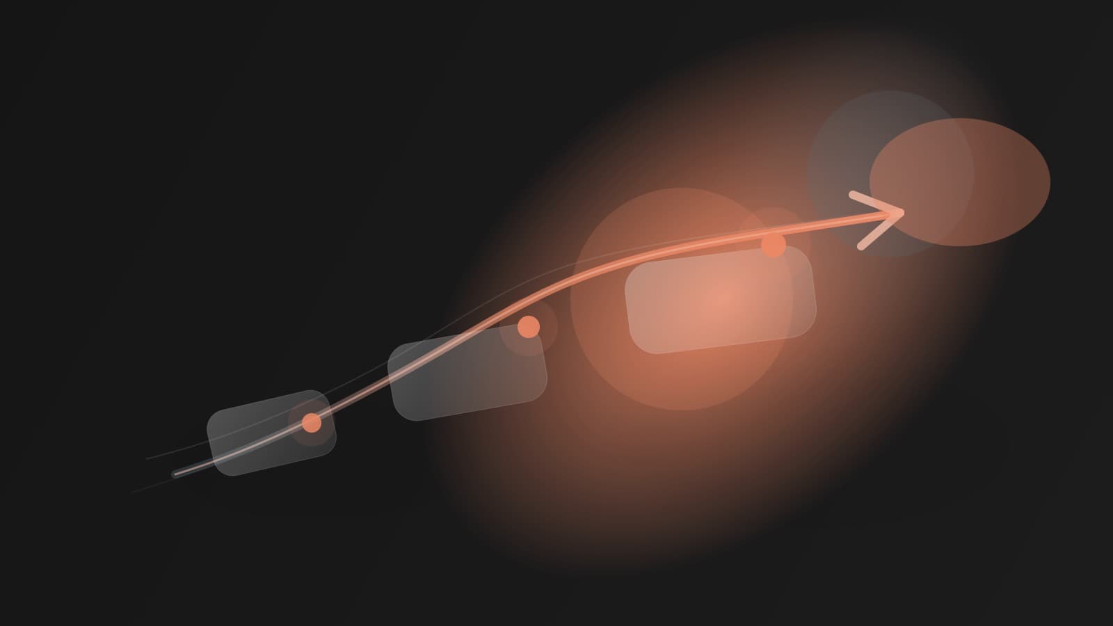 Translucent coral glass planning lanes converging into a single glowing path across a dark surface, with milestone nodes, soft fog, and premium studio reflections symbolizing an AI goal planner turning a big objective into a clear next move.