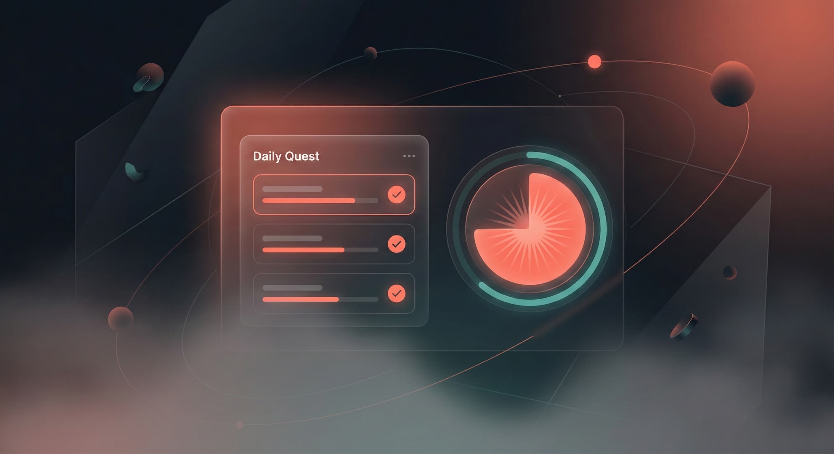 A minimalist workspace showing a digital daily quest interface and a focus timer.