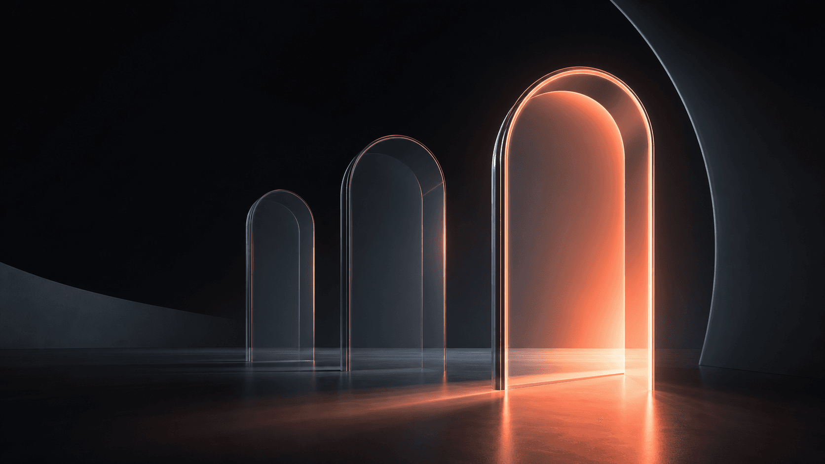 Coral-lit glass apertures receding through a dark architectural corridor, symbolizing a structured AI personal development plan.