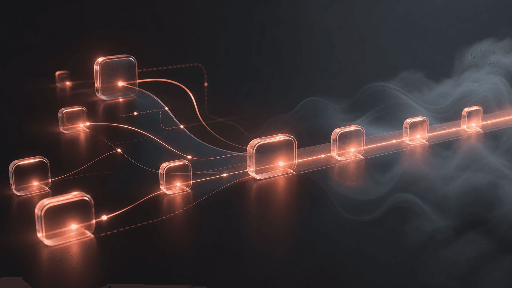 Coral glass milestone nodes and trajectory paths converging into one sequenced execution lane through dark fog, symbolizing an AI roadmap generator.