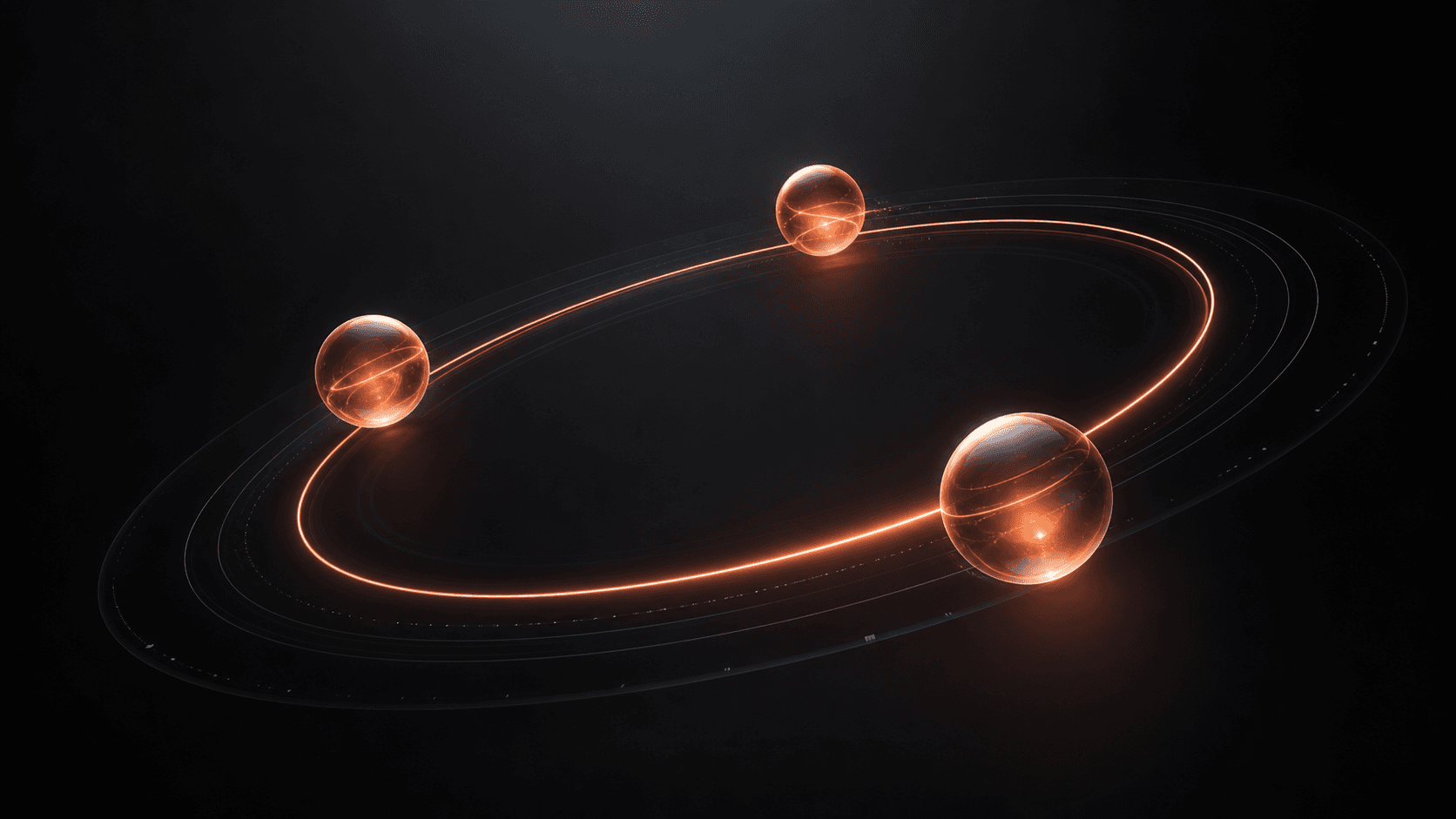 Three suspended coral glass orbs moving through a dark orbital ring system, symbolizing a repeatable routine staying aligned through daily disruption.