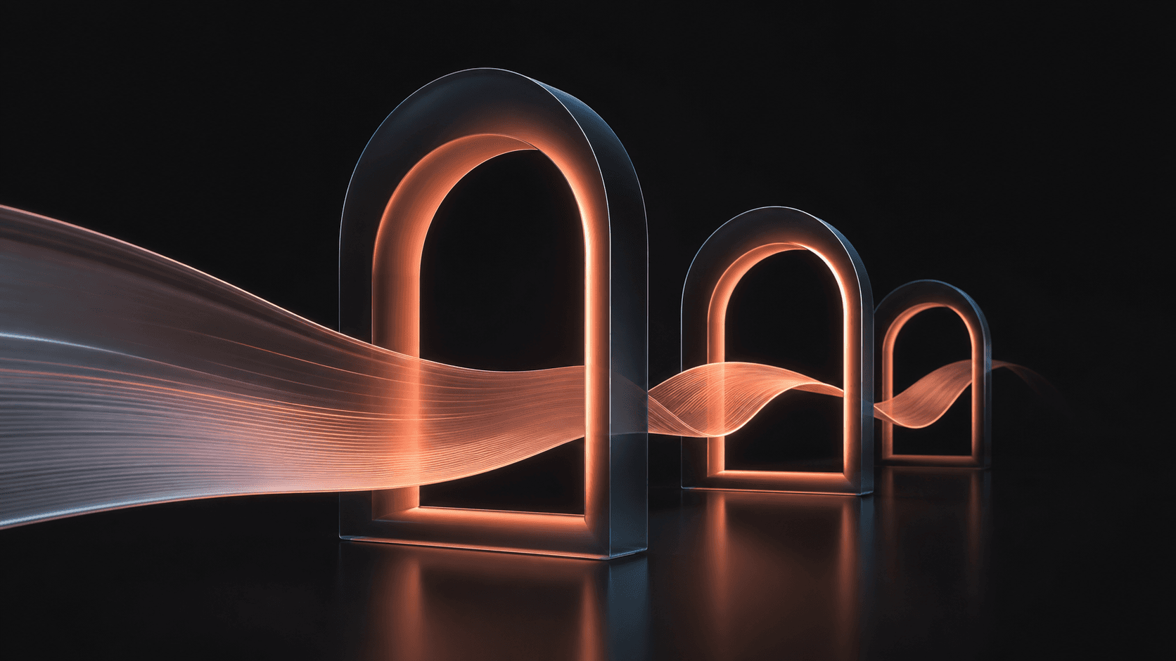 Coral light ribbon flowing through three glass apertures on onyx, symbolizing an AI semester planner organizing a syllabus into phases.