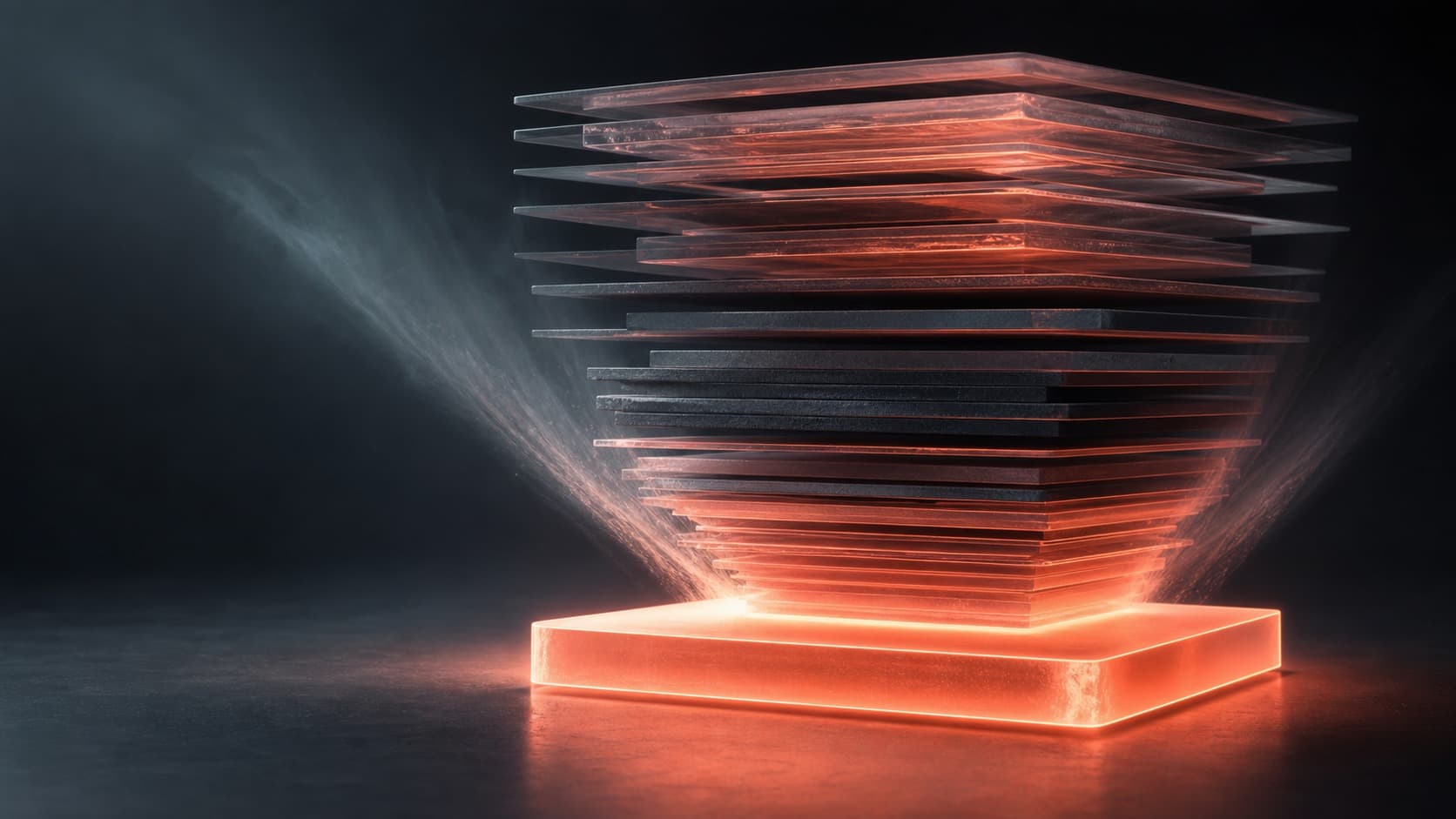 Stacked coral glass layers compressing into one bright study slab on dark onyx, symbolizing an AI study planner turning exam chaos into one clear session.