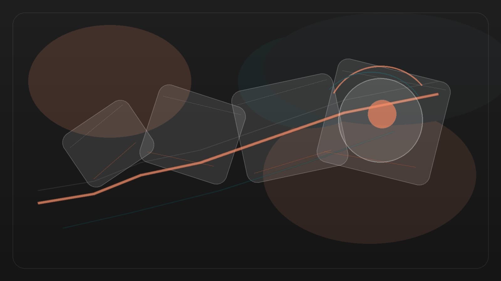 Coral glass task lanes and soft trajectory curves organizing scattered nodes into one clear execution path on a dark surface.
