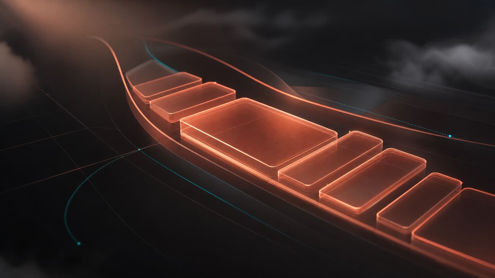 Translucent coral glass time blocks aligned along a glowing execution lane on a dark onyx surface, with subtle teal trajectory lines, soft fog clearing, and premium studio reflections, symbolizing an AI time blocking app protecting focused work.