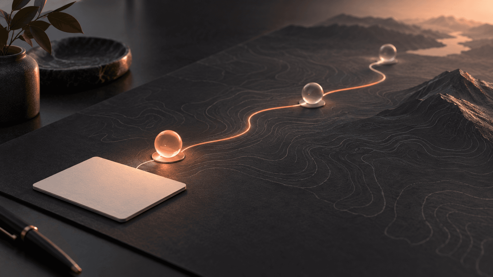 A coral-lit route links three glass milestones across a dark contour map, with a blank task card beside the first step.