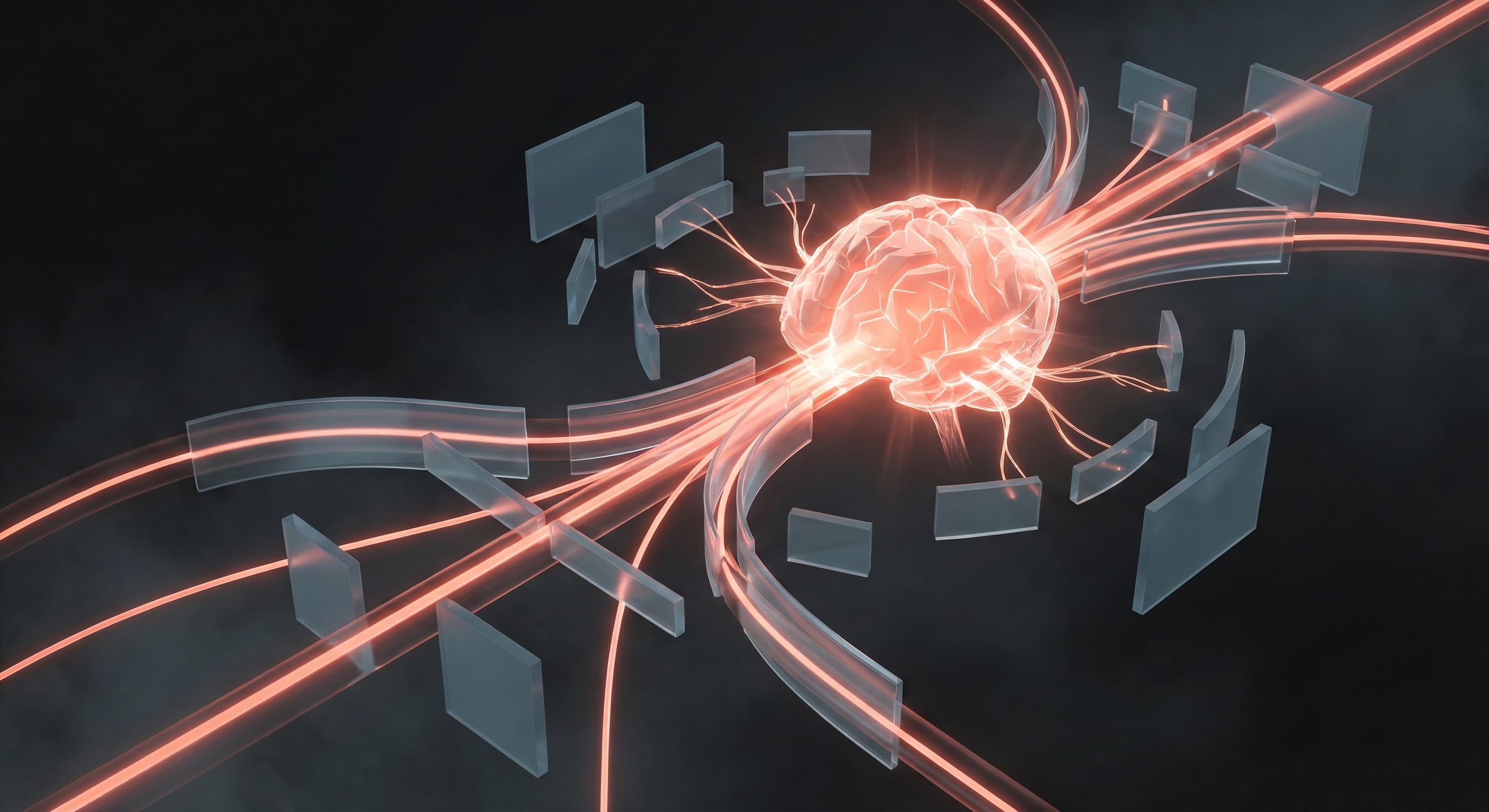 A striking 3D illustration of the brain's willpower center. A central brain structure glows intensely with coral light, serving as a hub for multiple incoming energy beams. These beams push through translucent, rectangular glass barriers—representing friction and resistance—before converging on the brain, symbolizing the 'Micro-Sucks' protocol and the physical strengthening of the Anterior Midcingulate Cortex through effort.