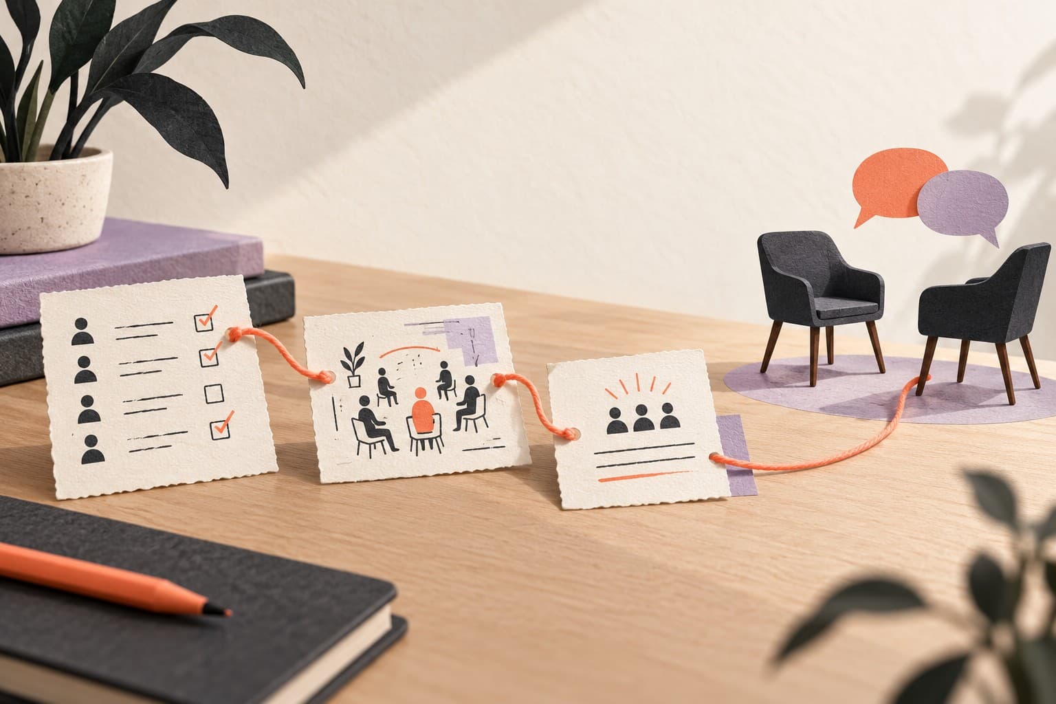 A coral thread connects anonymous event notes and a seating sketch to a story card beside two interview chairs.