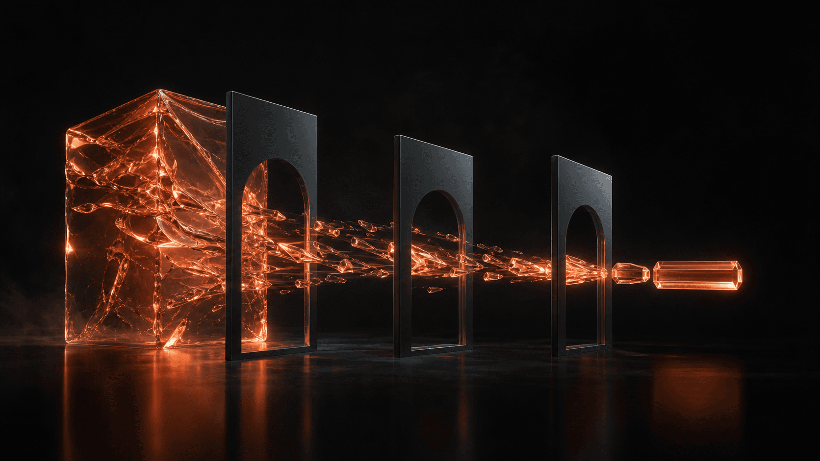 A large coral glass goal mass passing through dark architectural apertures and emerging as smaller precise outputs on an onyx surface.
