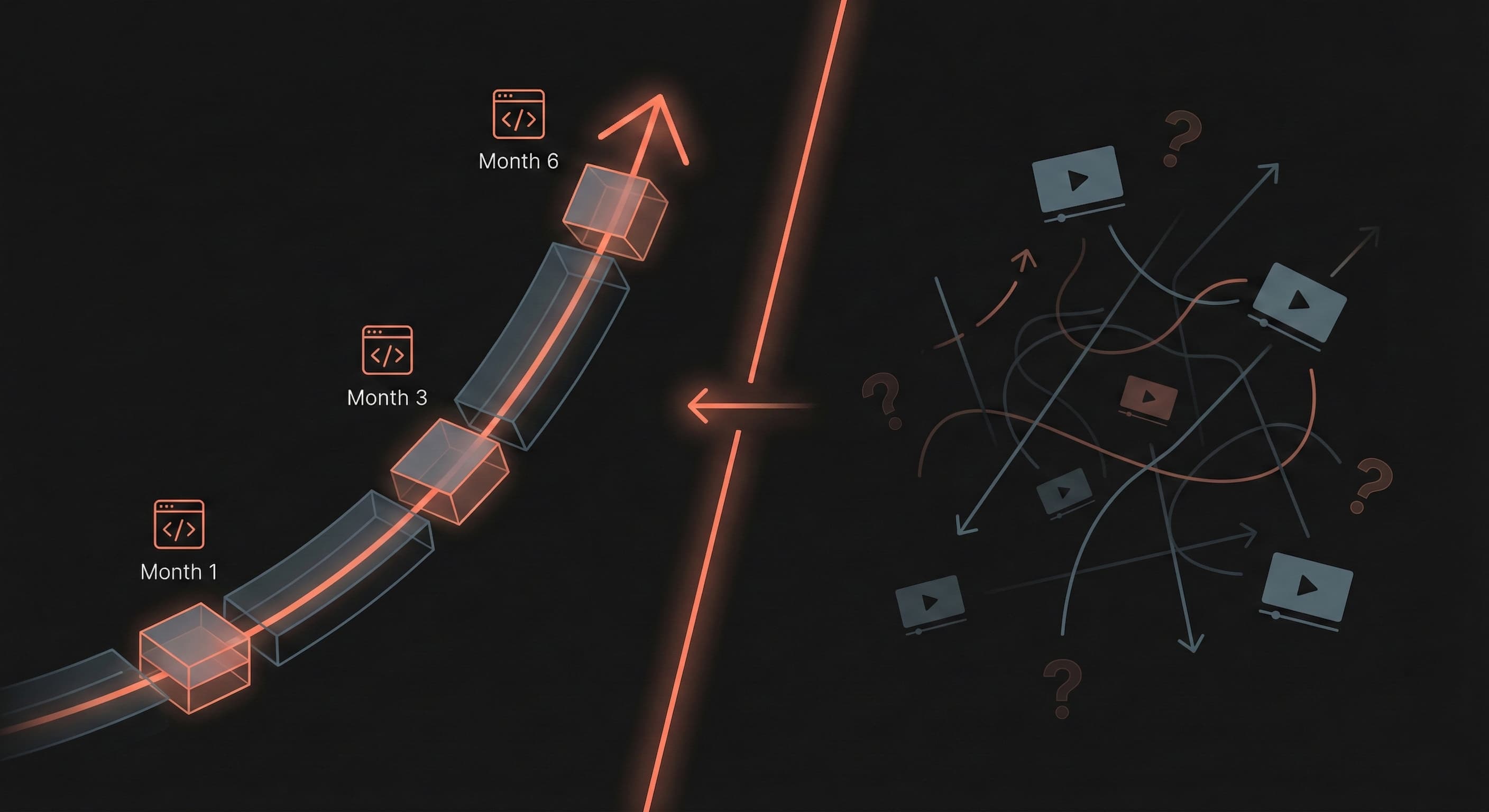 A split-screen view: a structured 6-month coding roadmap on the left, contrasting with a chaotic tutorial list on the right.