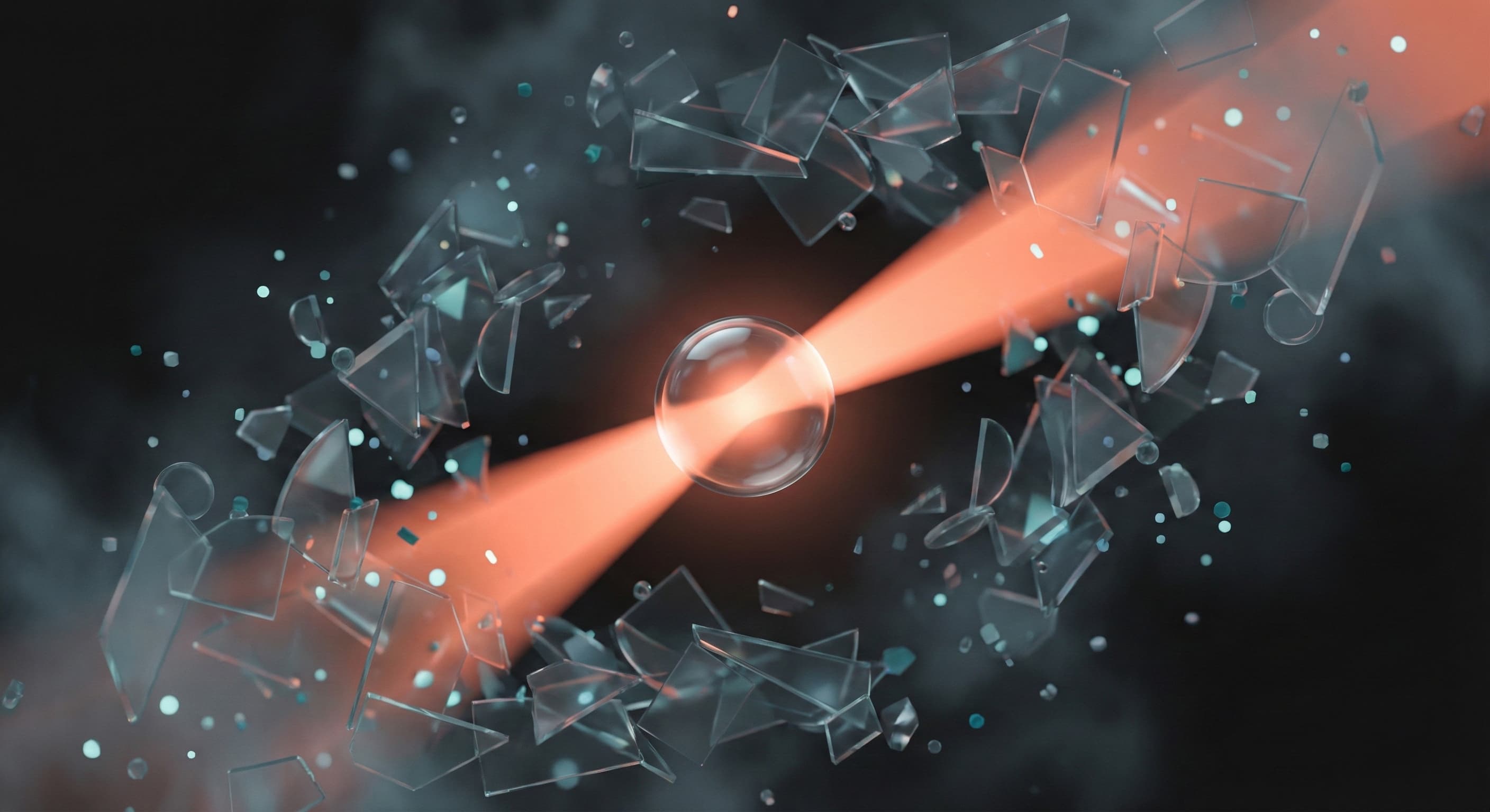A powerful abstract visualization of deep focus overcoming distraction. A strong, concentrated beam of coral light cuts diagonally through a chaotic cloud of shattered, floating glass fragments and digital debris. The beam converges precisely on a perfectly clear, unbroken glass sphere at the center, symbolizing clarity emerging from noise.