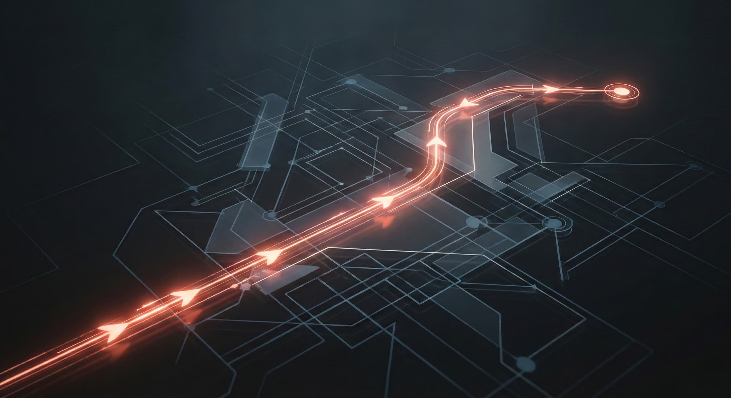 A high-precision engineering blueprint for a complex project, with a single, clear path highlighted in bright neon blue.