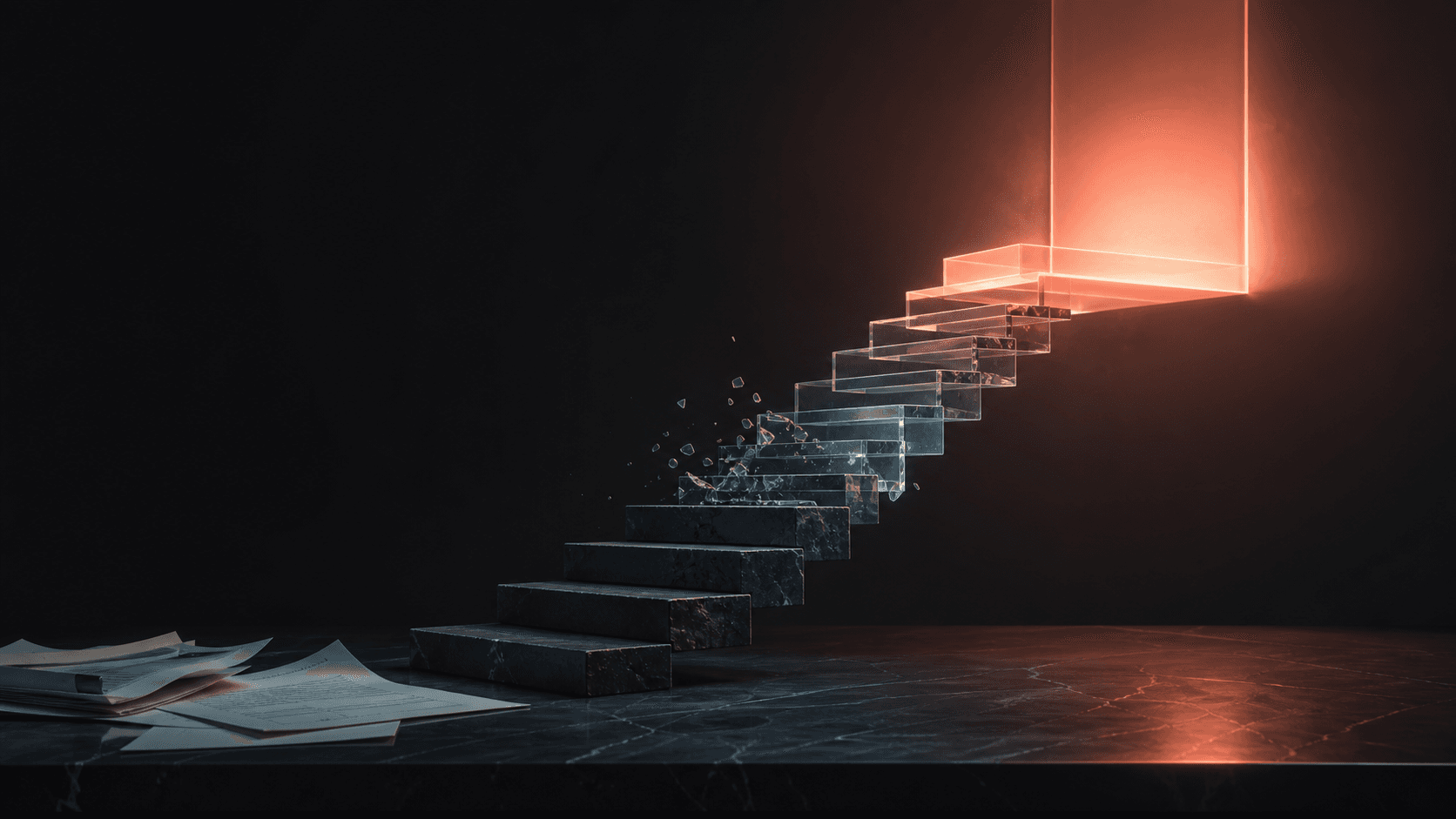 A half-built staircase rising from scattered work papers to one coral-lit landing, showing side project progress after work.