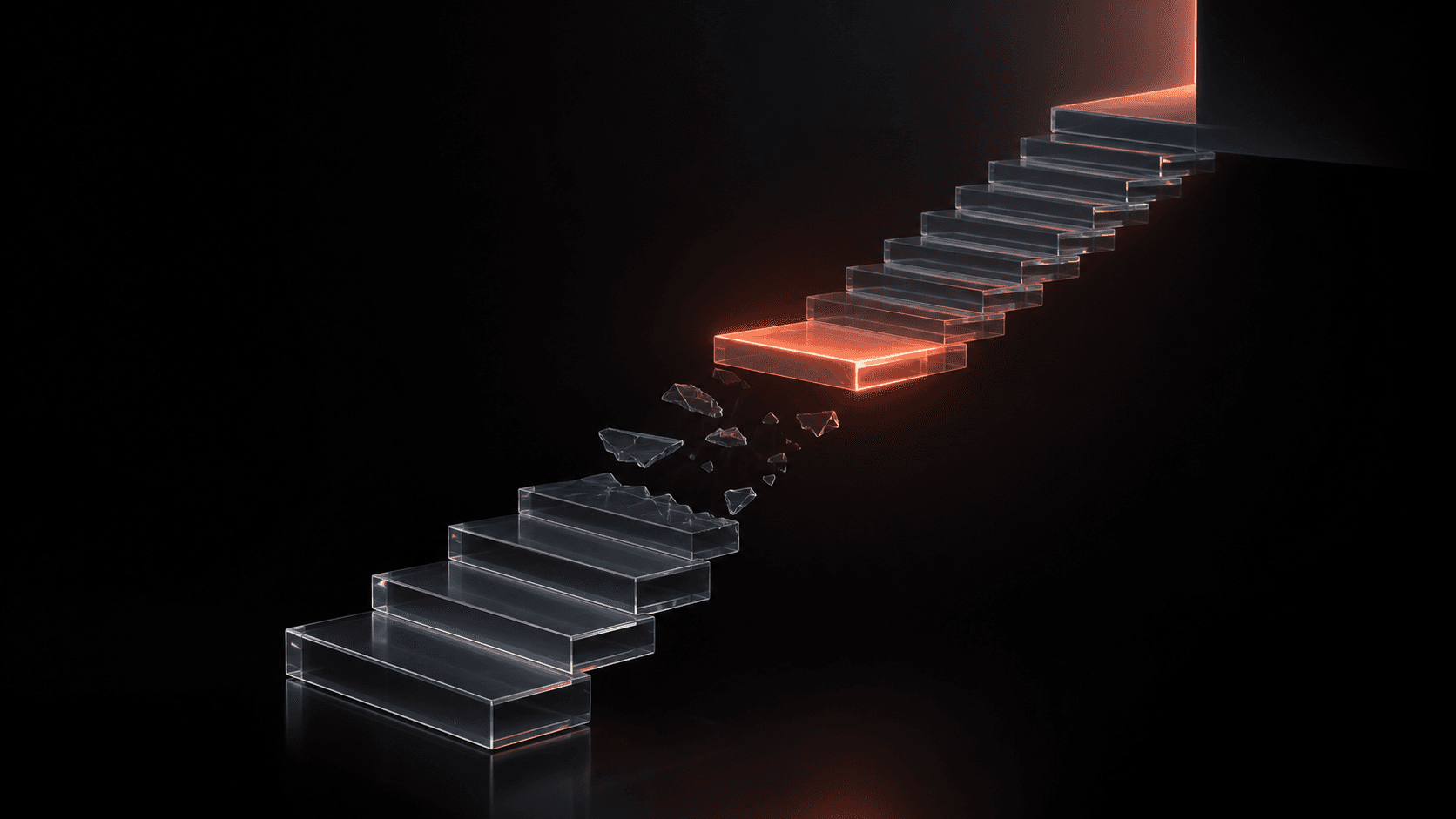 A broken glass staircase reconnecting through one coral-lit step, symbolizing finishing a goal after motivation fades.