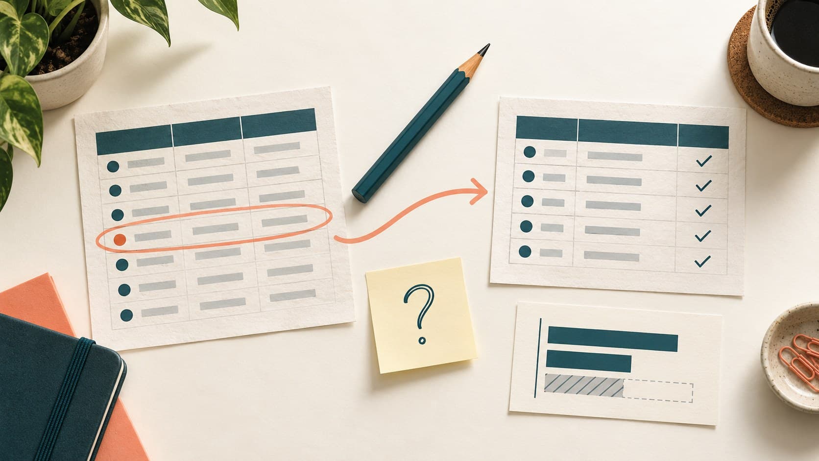 A pencil connects a rough table with a coral-circled row to a checked table and a small bar card with a hatched unknown segment.