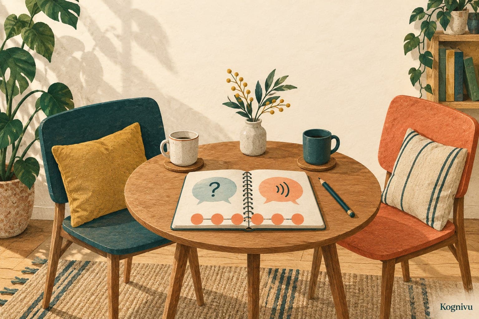 Two chairs beside a table with a conversation notebook, alternating speech bubbles, six practice tabs, and a teal pencil.
